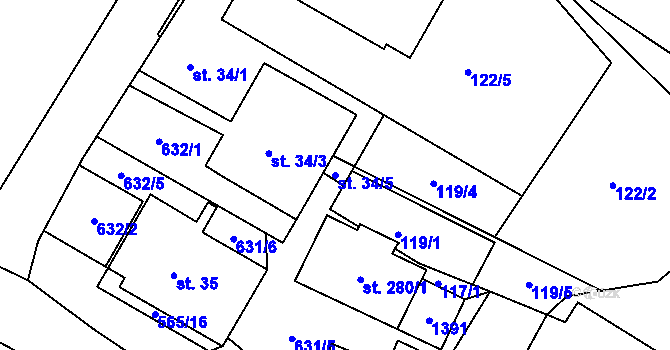 Parcela st. 34/5 v KÚ Uhersko, Katastrální mapa