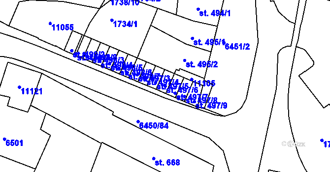 Parcela st. 497/6 v KÚ Uherský Brod, Katastrální mapa