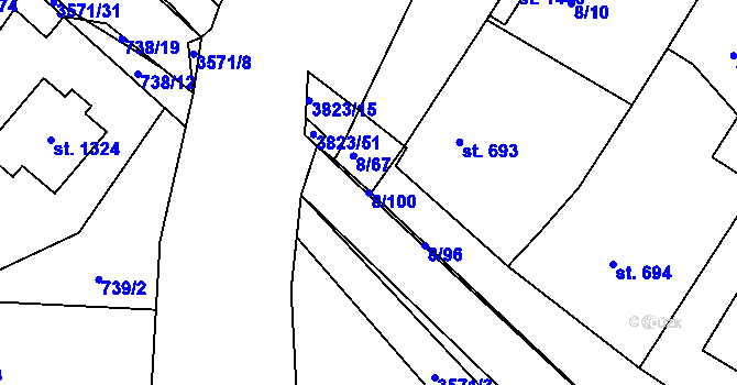 Parcela st. 8/100 v KÚ Ostrožské Předměstí, Katastrální mapa