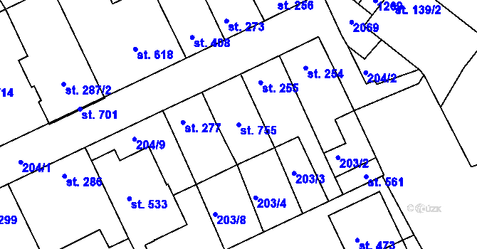 Parcela st. 755 v KÚ Uherský Ostroh, Katastrální mapa