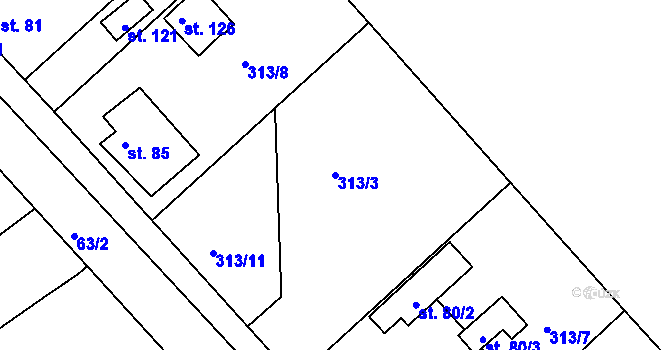 Parcela st. 313/3 v KÚ Rasochy, Katastrální mapa