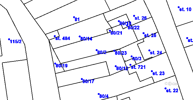 Parcela st. 80/2 v KÚ Úhonice, Katastrální mapa
