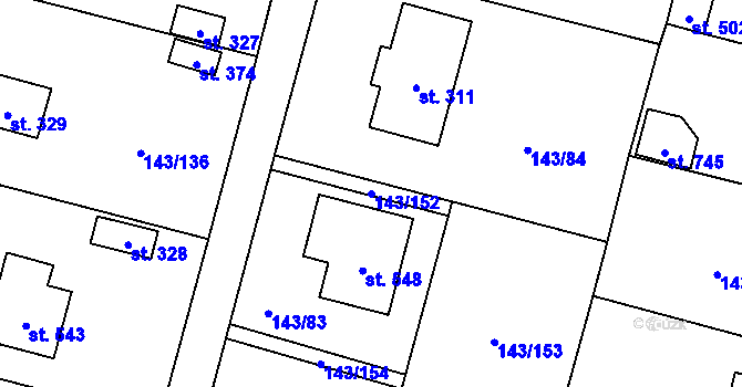 Parcela st. 143/152 v KÚ Úhonice, Katastrální mapa