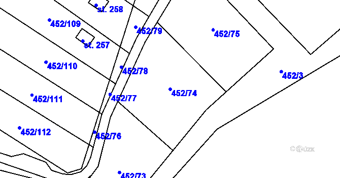 Parcela st. 452/74 v KÚ Úhřetice, Katastrální mapa