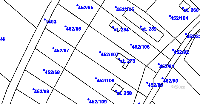 Parcela st. 452/107 v KÚ Úhřetice, Katastrální mapa