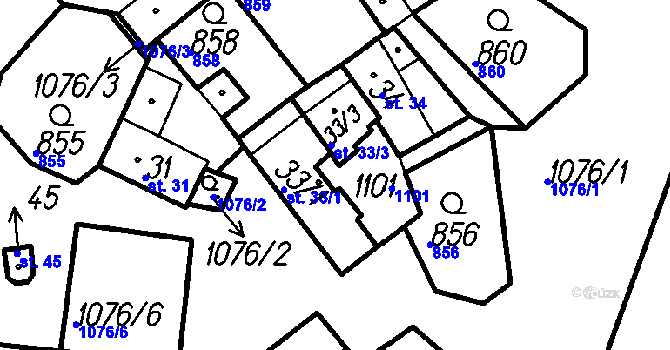 Parcela st. 33/2 v KÚ Uhřice u Vlachova Březí, Katastrální mapa