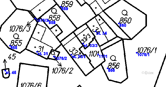 Parcela st. 33/3 v KÚ Uhřice u Vlachova Březí, Katastrální mapa