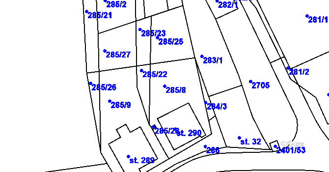 Parcela st. 285/8 v KÚ Uhřice u Kyjova, Katastrální mapa