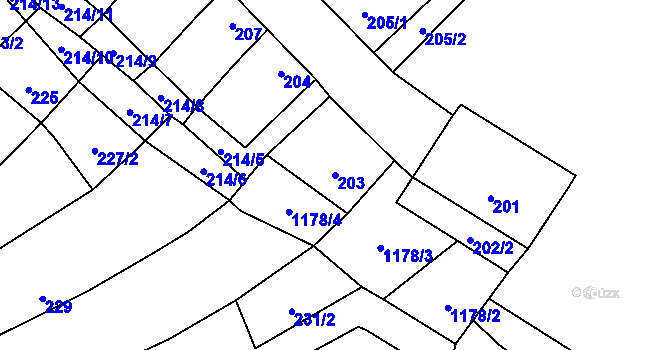Parcela st. 203 v KÚ Uhřičice, Katastrální mapa
