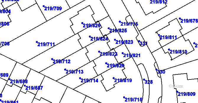 Parcela st. 219/822 v KÚ Pitkovice, Katastrální mapa