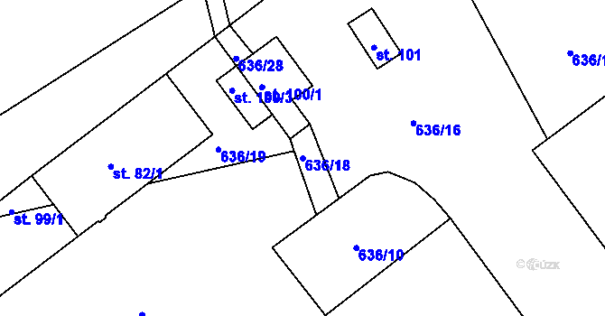 Parcela st. 636/18 v KÚ Újezd u Hradce Králové, Katastrální mapa