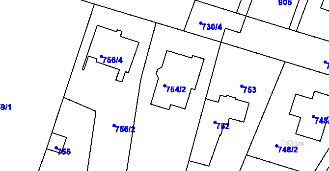 Parcela st. 754/2 v KÚ Újezd nad Lesy, Katastrální mapa