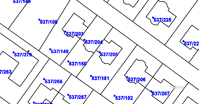 Parcela st. 537/205 v KÚ Újezd nad Lesy, Katastrální mapa