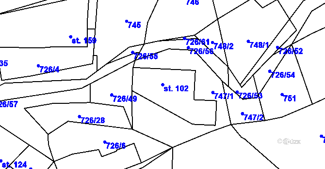 Parcela st. 102 v KÚ Újezd pod Troskami, Katastrální mapa