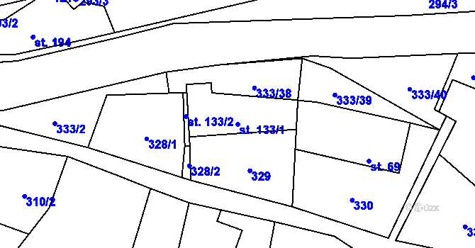 Parcela st. 133/1 v KÚ Újezd pod Troskami, Katastrální mapa
