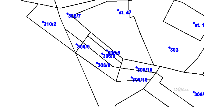 Parcela st. 306/6 v KÚ Újezd pod Troskami, Katastrální mapa