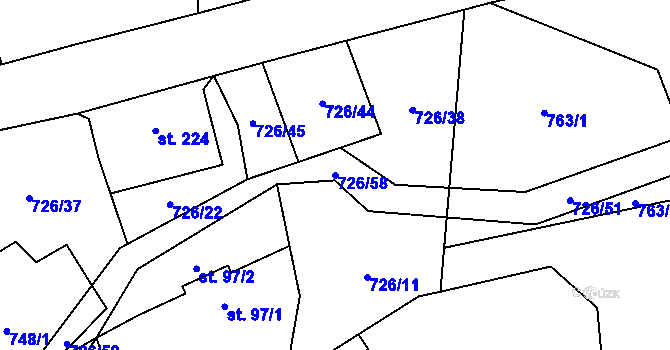 Parcela st. 726/58 v KÚ Újezd pod Troskami, Katastrální mapa