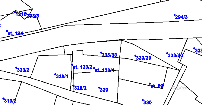 Parcela st. 333/38 v KÚ Újezd pod Troskami, Katastrální mapa