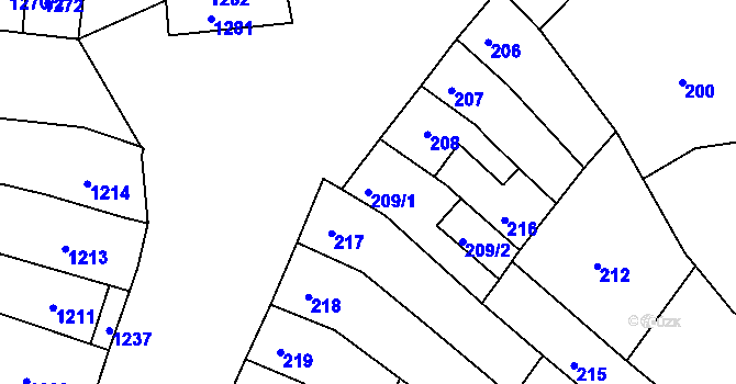 Parcela st. 209/1 v KÚ Újezd u Brna, Katastrální mapa