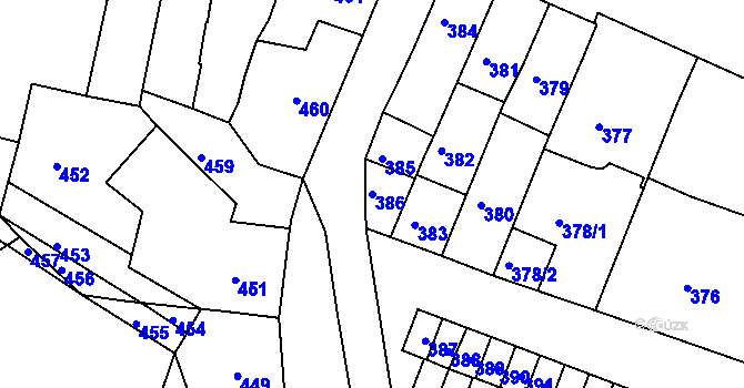Parcela st. 386 v KÚ Újezd u Brna, Katastrální mapa