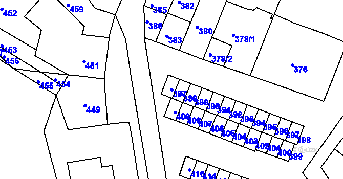 Parcela st. 387 v KÚ Újezd u Brna, Katastrální mapa