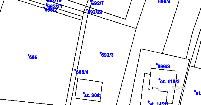 Parcela st. 692/3 v KÚ Újezd u Chocně, Katastrální mapa
