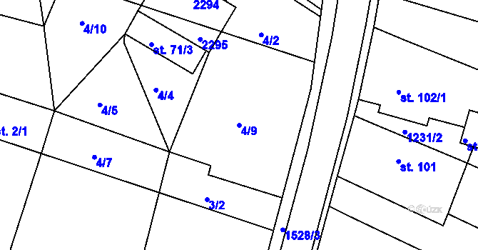Parcela st. 4/9 v KÚ Újezd u Rosic, Katastrální mapa