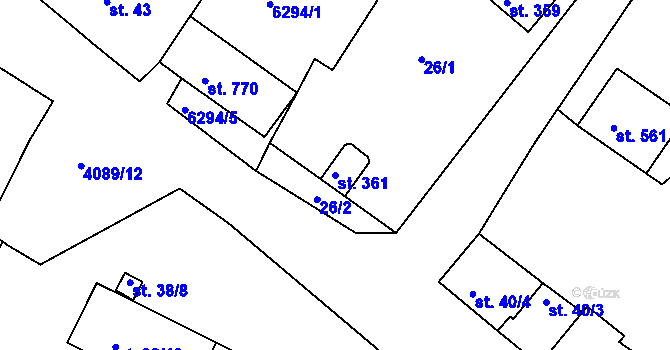 Parcela st. 361 v KÚ Únanov, Katastrální mapa