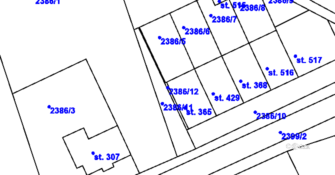 Parcela st. 2386/12 v KÚ Únanov, Katastrální mapa
