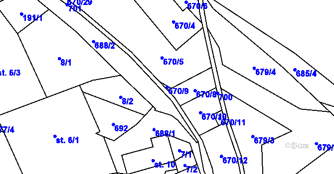 Parcela st. 670/9 v KÚ Unčín, Katastrální mapa