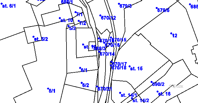 Parcela st. 670/14 v KÚ Unčín, Katastrální mapa