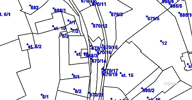 Parcela st. 670/16 v KÚ Unčín, Katastrální mapa