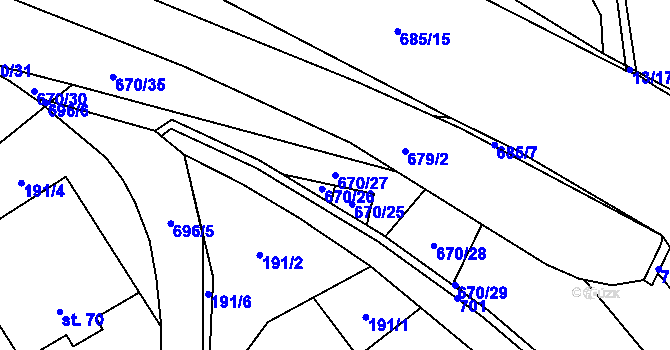 Parcela st. 670/27 v KÚ Unčín, Katastrální mapa
