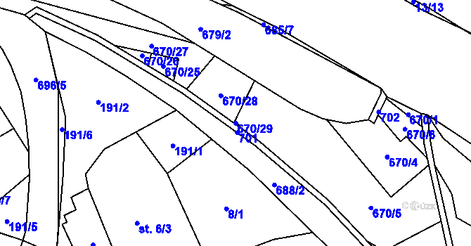 Parcela st. 670/29 v KÚ Unčín, Katastrální mapa