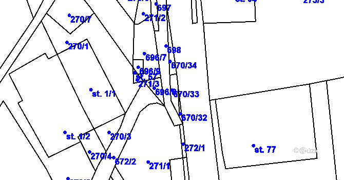Parcela st. 670/33 v KÚ Unčín, Katastrální mapa