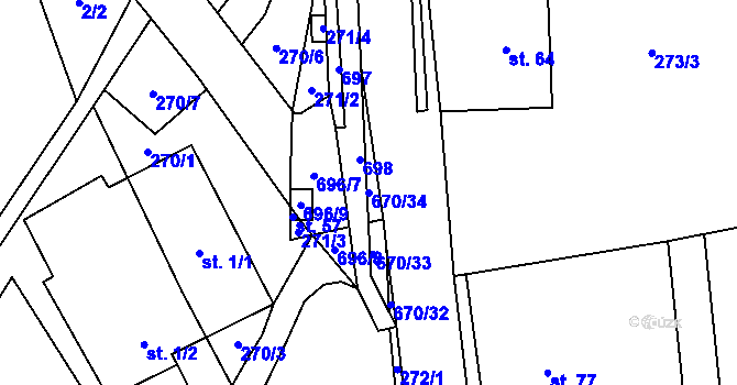 Parcela st. 670/34 v KÚ Unčín, Katastrální mapa