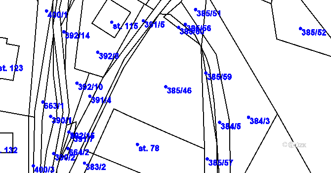 Parcela st. 385/46 v KÚ Unčín, Katastrální mapa