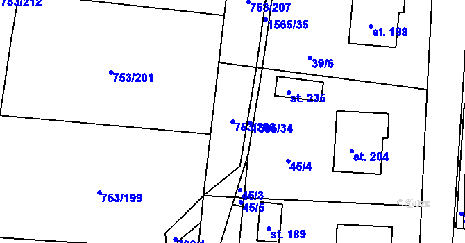 Parcela st. 753/206 v KÚ Úněšov, Katastrální mapa