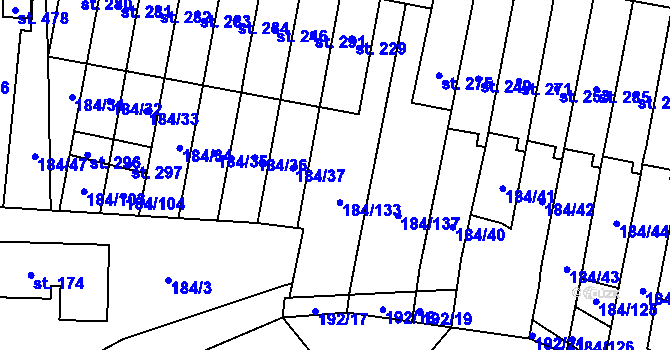 Parcela st. 184/38 v KÚ Únětice u Prahy, Katastrální mapa