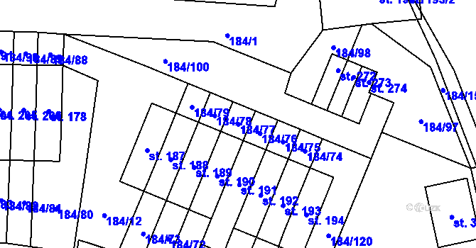 Parcela st. 184/77 v KÚ Únětice u Prahy, Katastrální mapa