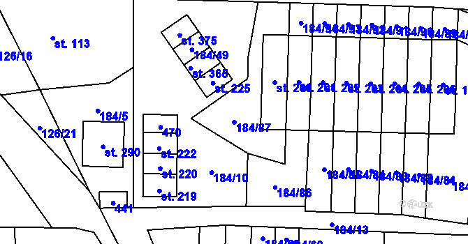 Parcela st. 184/87 v KÚ Únětice u Prahy, Katastrální mapa