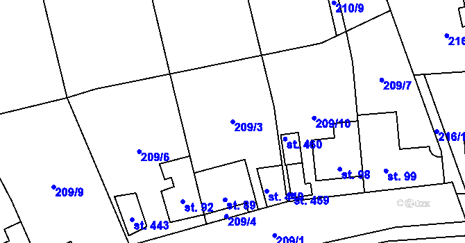 Parcela st. 209/3 v KÚ Únětice u Prahy, Katastrální mapa