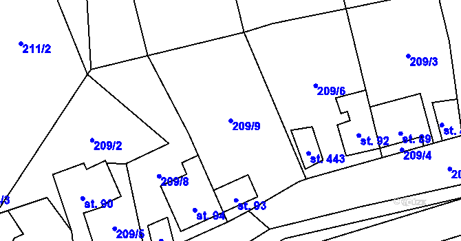 Parcela st. 209/9 v KÚ Únětice u Prahy, Katastrální mapa