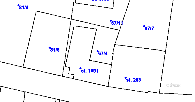 Parcela st. 67/4 v KÚ Unhošť, Katastrální mapa