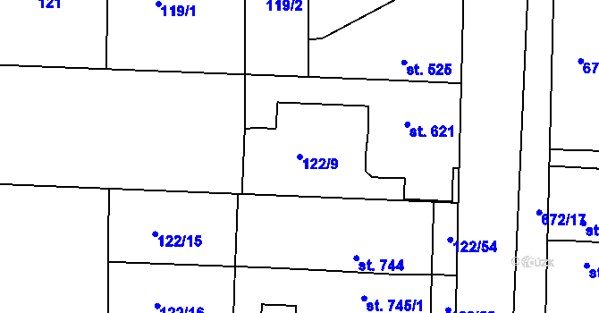 Parcela st. 122/9 v KÚ Unhošť, Katastrální mapa