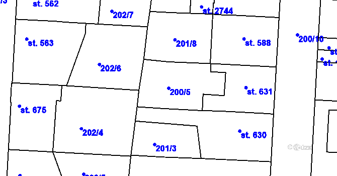 Parcela st. 200/5 v KÚ Unhošť, Katastrální mapa