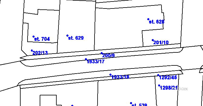 Parcela st. 200/9 v KÚ Unhošť, Katastrální mapa