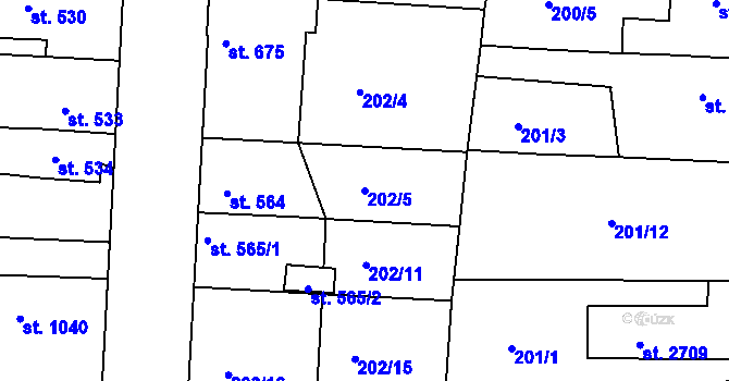 Parcela st. 202/5 v KÚ Unhošť, Katastrální mapa