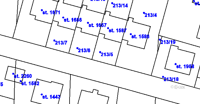 Parcela st. 213/5 v KÚ Unhošť, Katastrální mapa