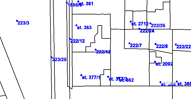 Parcela st. 222/13 v KÚ Unhošť, Katastrální mapa